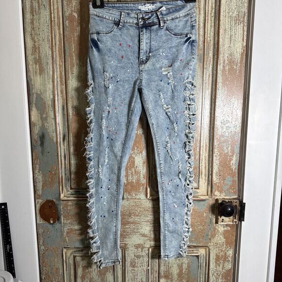Pink Label Denim Co Jeans Size 7 Distressed Splatter Paint Stretch Skinny EUC - Picture 2 of 6